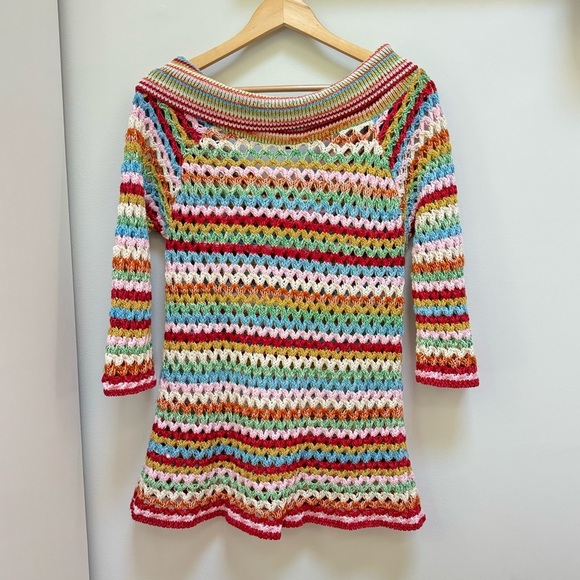Boston Proper Crochet Sweater Rainbow Stripe Size Medium - Picture 3 of 8